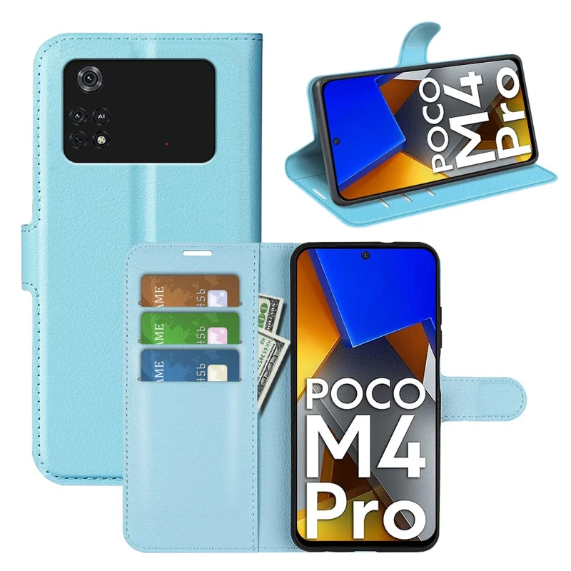 For Xiaomi Poco M4 Pro 4G Folio Flip Litchi Texture PU Leather Case Wallet Stand Mobile Phone Cover - Blue