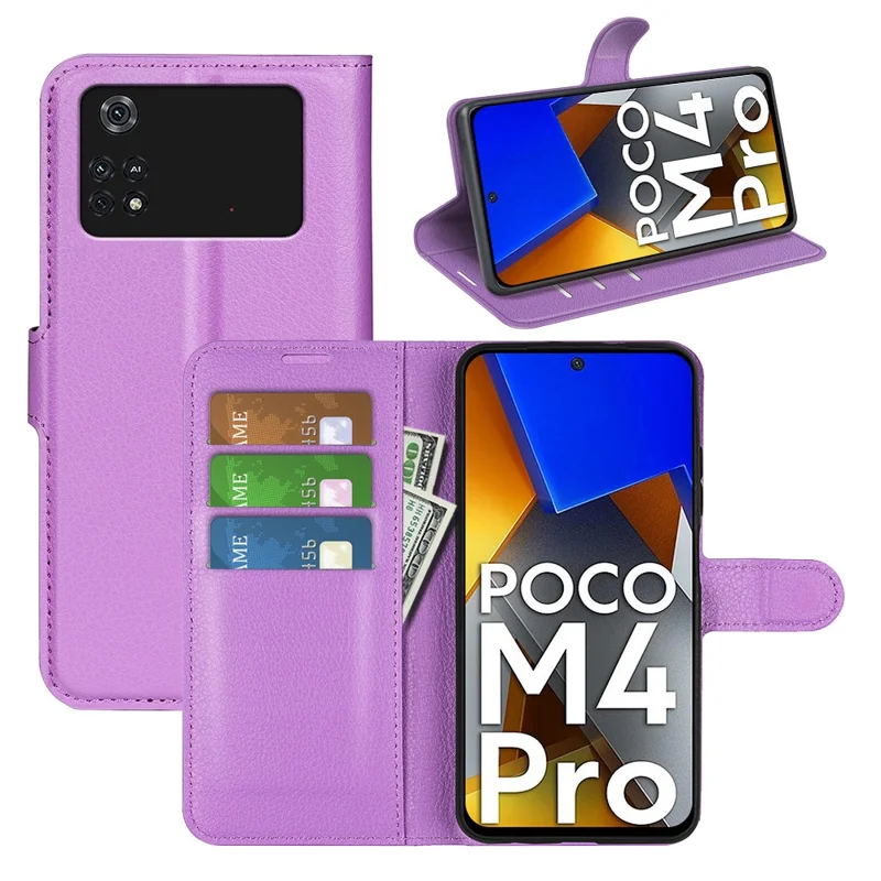Per Xiaomi Poco M4 Pro 4G Folio Flip Litchi Texture PU Leather Case Wallet Stand Mobile Phone Cover - Viola