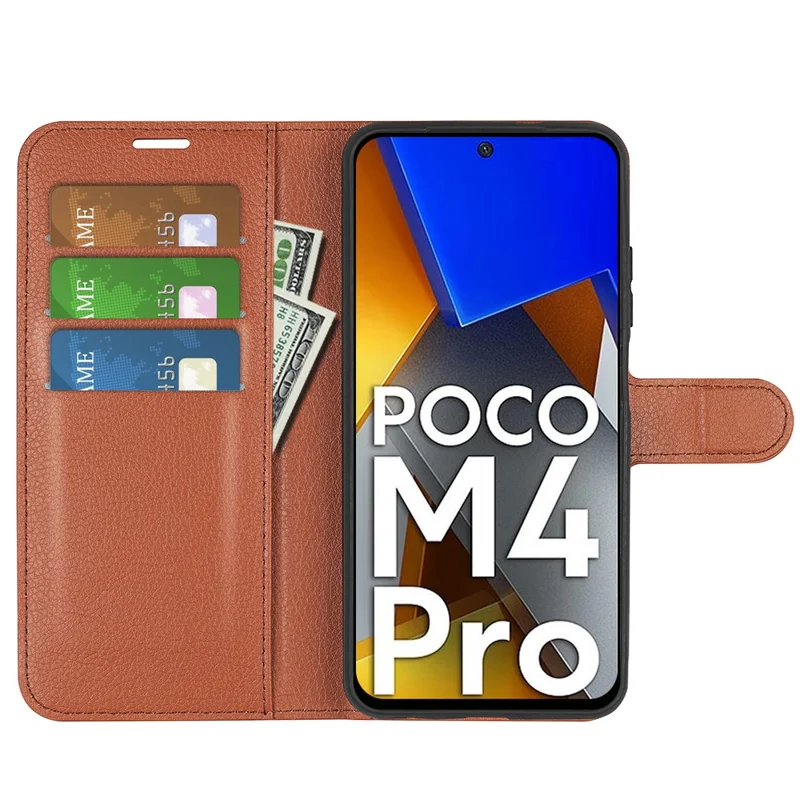 Для Xiaomi Poco M4 Pro 4G Folio Flip Litchi Texture PU - Коричневый