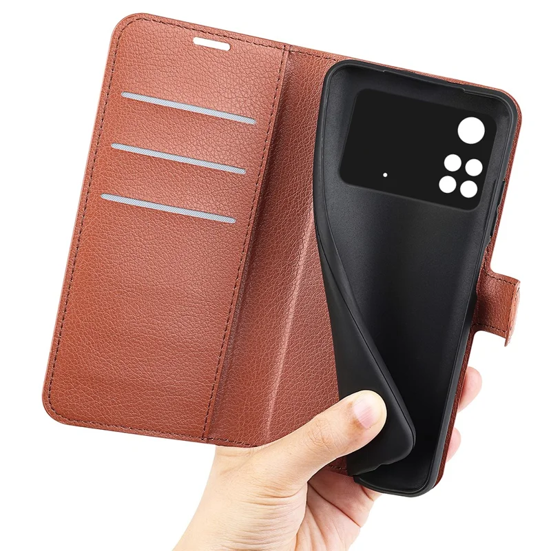 Для Xiaomi Poco M4 Pro 4G Folio Flip Litchi Texture PU - Коричневый