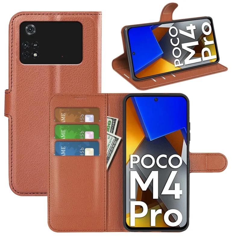 Для Xiaomi Poco M4 Pro 4G Folio Flip Litchi Texture PU - Коричневый