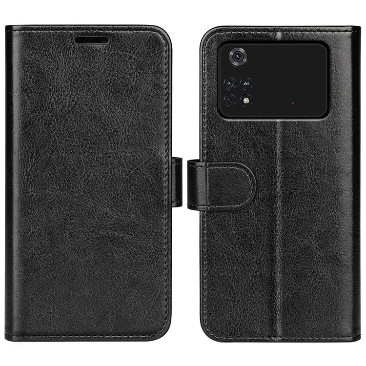 Para Xiaomi Poco M4 Pro 4G Crazy Horse Texture Folio Flip Leather Case Wallet Adjustable Stand Phone Shell - Preto