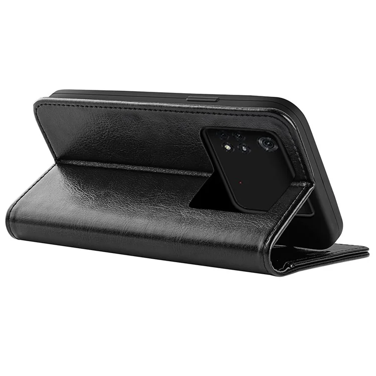 Para Xiaomi Poco M4 Pro 4G Crazy Horse Texture Folio Flip Leather Case Wallet Adjustable Stand Phone Shell - Preto