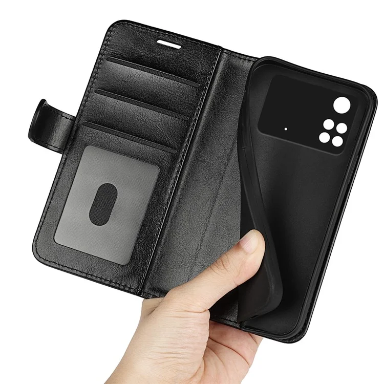 Para Xiaomi Poco M4 Pro 4G Crazy Horse Texture Folio Flip Leather Case Wallet Adjustable Stand Phone Shell - Preto