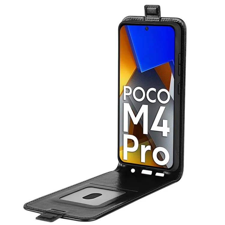 Custodia in pelle con chiusura a flip verticale per Xiaomi Poco M4 Pro 4G, texture di pelle bovina in stile crazy horse, con porta carta - Nero