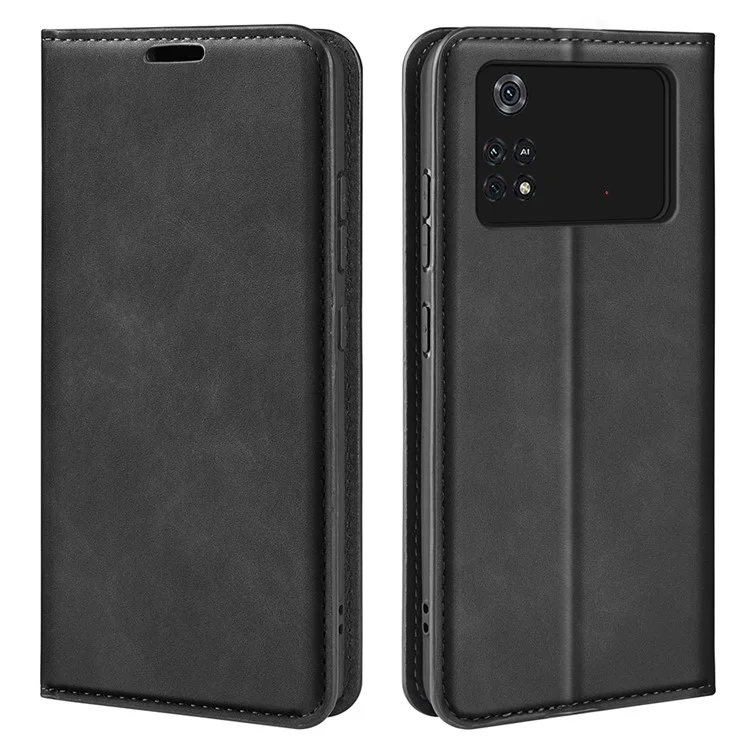 Para Xiaomi Poco M4 Pro 4G Capa de Suporte Magnético Auto-absorvida Sensação de Pele-toque Capa de Couro Sintético Carteira de Telefone - Preto