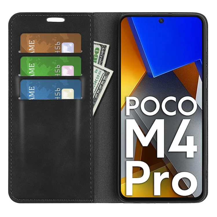 Para Xiaomi Poco M4 Pro 4G Capa de Suporte Magnético Auto-absorvida Sensação de Pele-toque Capa de Couro Sintético Carteira de Telefone - Preto