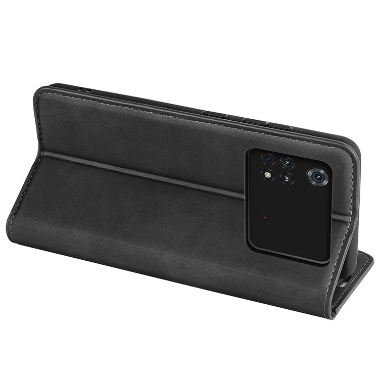 Para Xiaomi Poco M4 Pro 4G Capa de Suporte Magnético Auto-absorvida Sensação de Pele-toque Capa de Couro Sintético Carteira de Telefone - Preto