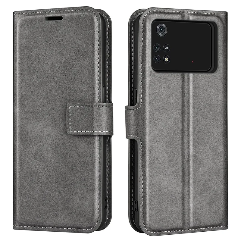 For Xiaomi Poco M4 Pro 4G Magnetic Clasp Textured PU Leather Case Wallet Stand Flip Phone Cover - Grey