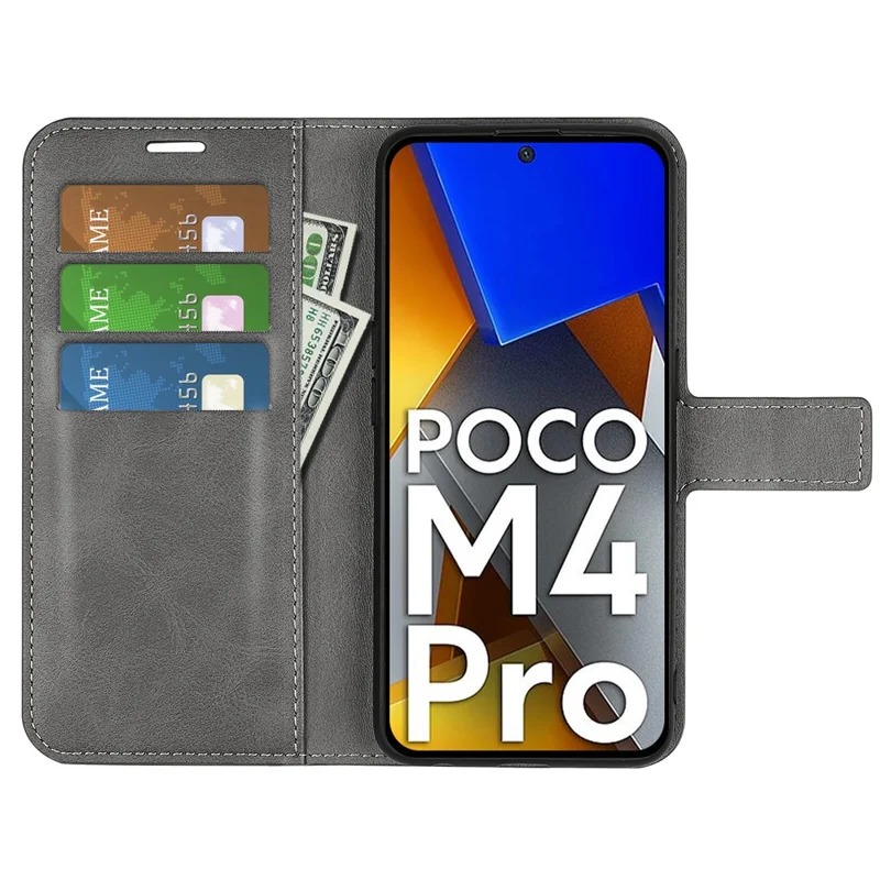 For Xiaomi Poco M4 Pro 4G Magnetic Clasp Textured PU Leather Case Wallet Stand Flip Phone Cover - Grey