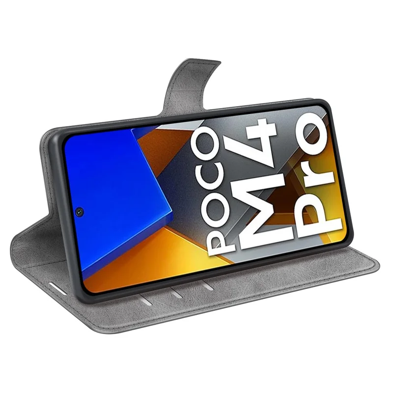 For Xiaomi Poco M4 Pro 4G Magnetic Clasp Textured PU Leather Case Wallet Stand Flip Phone Cover - Grey