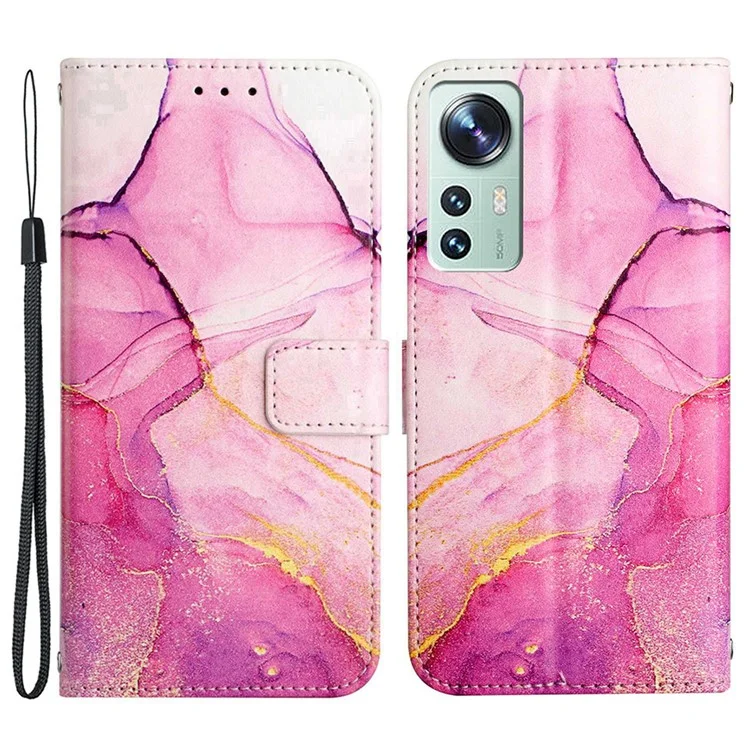 YB Pattern Printing Leather Series-5 for Xiaomi 12 Pro 5G/12S Pro 5G/12 Pro (Dimensity) 5G PU Leather Book Wallet Case Stand Feature Marble Pattern Magnetic Flip Wrist Strap Phone Cover - Pink Purple Gold LS001