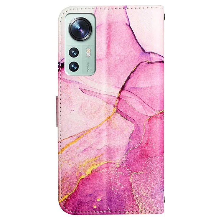 Série de Impressão em Couro Padrão YB-5 para Xiaomi 12/12X/12S 5G Capa Carteira Flip com Estampa de Mármore Protetora de Corpo Inteiro com Alça de Pulso Destacável - Pink Purple Gold LS001