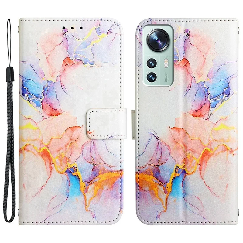 Serie in Pelle di Stampa YB Series-5 Per Xiaomi 12/12x/12s 5G Stampato Mobile a Portata di Portata Flip Cover Protettiva Per il Corpo Con Cinturino da Polso Staccabile - Milky Way Marble White LS004