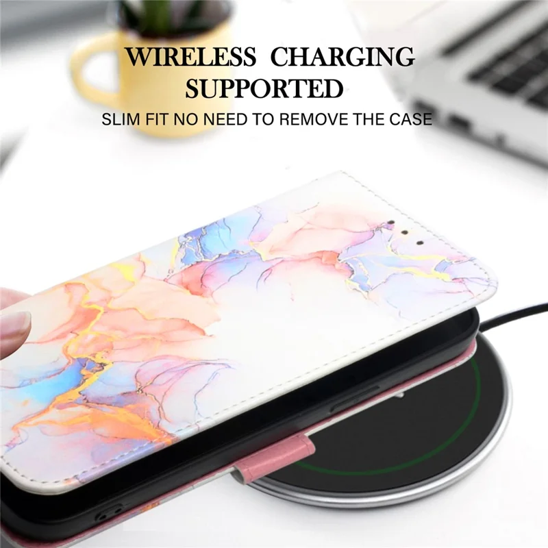 Serie in Pelle di Stampa YB Series-5 Per Xiaomi 12/12x/12s 5G Stampato Mobile a Portata di Portata Flip Cover Protettiva Per il Corpo Con Cinturino da Polso Staccabile - Milky Way Marble White LS004