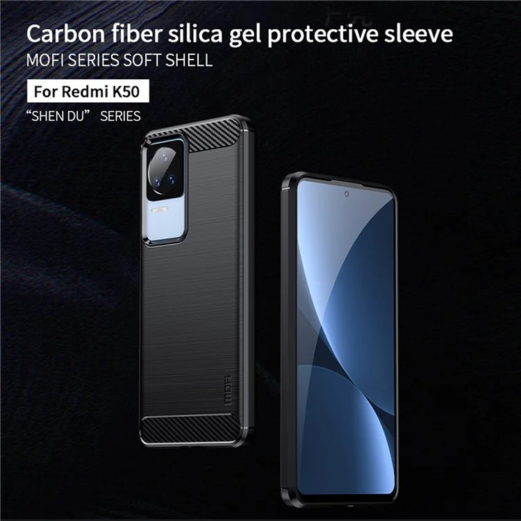 Mofi JK Tpu-serie-1 Für Xiaomi Redmi K50/Redmi K50 Pro Flexible TPU Weichhaut Phone Hülle Schockabsorption Gebürstete Oberfläche Kohlefaser Schutzabdeckung - Schwarz