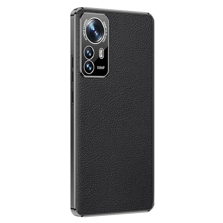 Para Xiaomi 12/12x/12s 5g Luz Delgada Case de Cuero de Vaca Genuino Capacitación de Cuero TPU - Negro