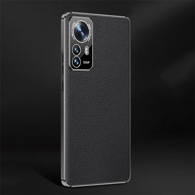 Para Xiaomi 12/12x/12s 5g Luz Delgada Case de Cuero de Vaca Genuino Capacitación de Cuero TPU - Negro
