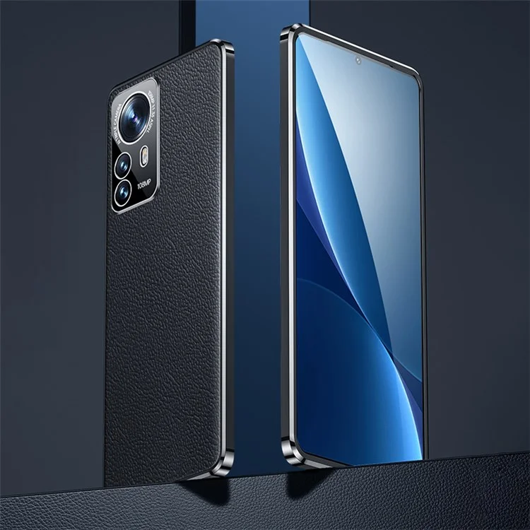 Para Xiaomi 12/12x/12s 5g Luz Delgada Case de Cuero de Vaca Genuino Capacitación de Cuero TPU - Negro