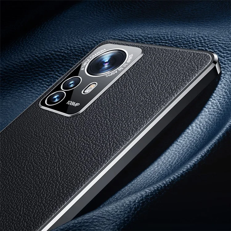 Para Xiaomi 12/12x/12s 5g Luz Delgada Case de Cuero de Vaca Genuino Capacitación de Cuero TPU - Negro