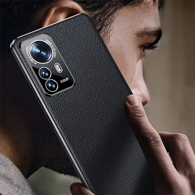 Para Xiaomi 12/12x/12s 5g Luz Delgada Case de Cuero de Vaca Genuino Capacitación de Cuero TPU - Negro