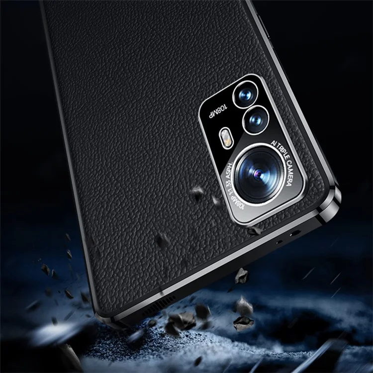 Para Xiaomi 12/12x/12s 5g Luz Delgada Case de Cuero de Vaca Genuino Capacitación de Cuero TPU - Negro