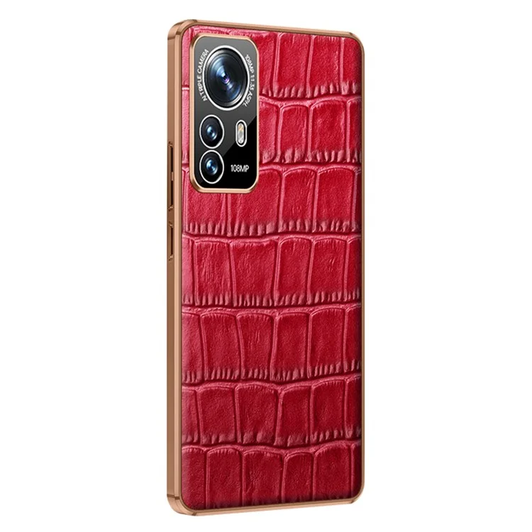 For Xiaomi 12 Pro 5G/12S Pro 5G/12 Pro (Dimensity) 5G Stylish Electroplated Crocodile Texture Case Anti-fall Genuine Cowhide Leather Coating TPU Shell - Red