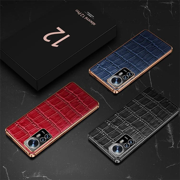 For Xiaomi 12 Pro 5G/12S Pro 5G/12 Pro (Dimensity) 5G Stylish Electroplated Crocodile Texture Case Anti-fall Genuine Cowhide Leather Coating TPU Shell - Red