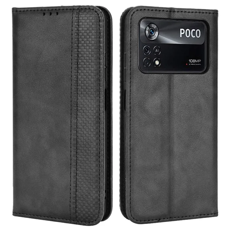 Para Xiaomi Poco X4 Pro 5g Mosaico Impresso Vintage Caso Casal de Caso Vista Stand Carteira Tampa de Flip de Absorção Magnética - Preto