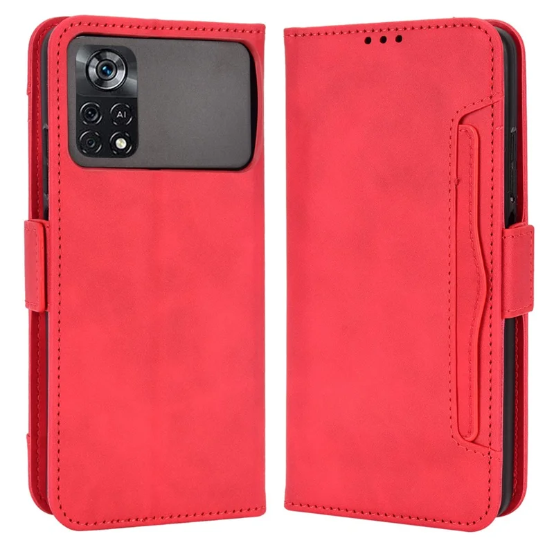 For Xiaomi Poco X4 Pro 5G Magnetic Flip Leather Wallet Case Card Slots Stand Book Shockproof TPU Inner Shell - Red