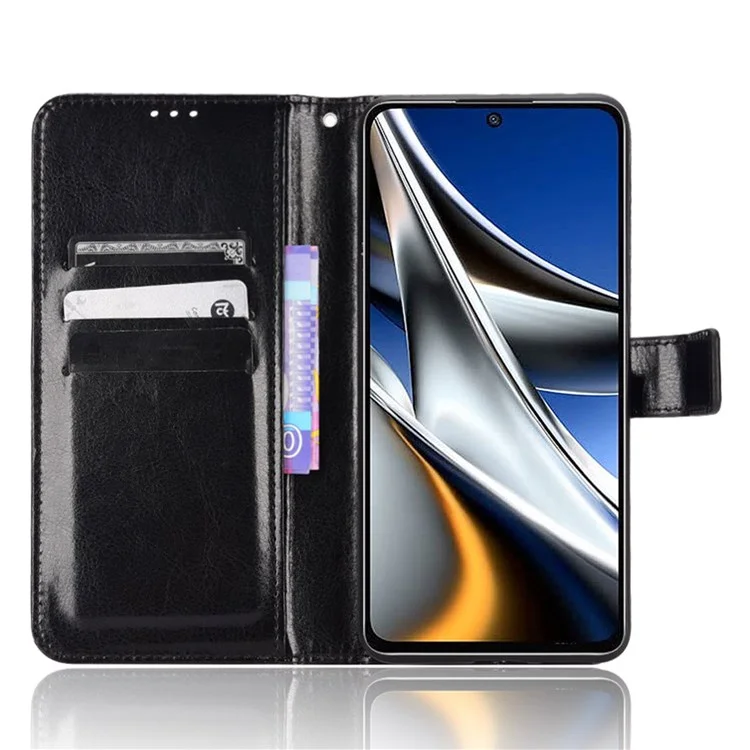 Для Xiaomi Poco X4 Pro 5G Crazy Horse Texture Flip Cover PU Leather Stand Wallet Shockproof Protective Phone Case with Wrist Strap - Black