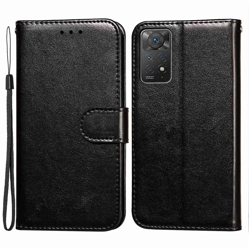 For Xiaomi Redmi Note 12 Pro 4G / 11 Pro 4G (MediaTek) / Note 11 Pro 5G (Qualcomm) Magnetic Clasp PU Leather Protective Cover Solid Color Phone Wallet Stand Case with Wrist Strap - Black