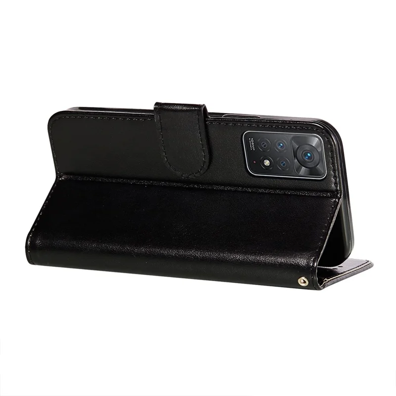 For Xiaomi Redmi Note 12 Pro 4G / 11 Pro 4G (MediaTek) / Note 11 Pro 5G (Qualcomm) Magnetic Clasp PU Leather Protective Cover Solid Color Phone Wallet Stand Case with Wrist Strap - Black