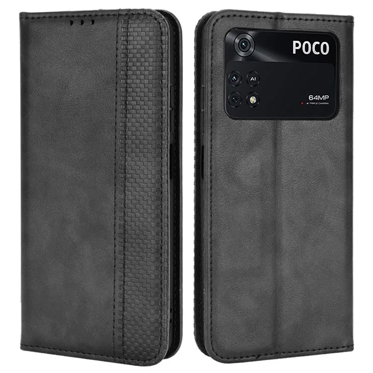 Для Xiaomi Poco M4 Pro 4G Прочный магнитный всасывающий ретро-кожаный кошелек Чехол Мозаика Рельефная подставка Противоударный телефонный чехол - Черный