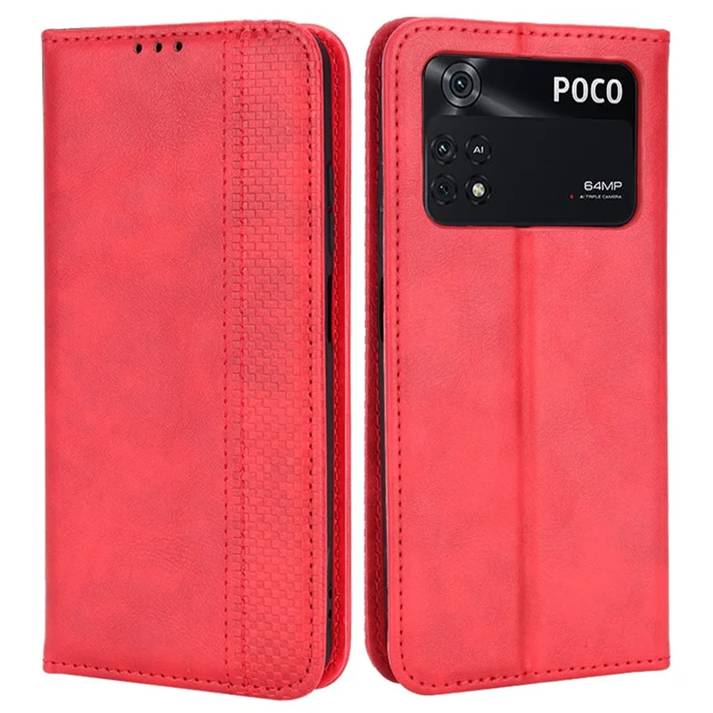 For Xiaomi Poco M4 Pro 4G Strong Magnetic Suction Retro Leather Wallet Case Mosaic Imprinted Stand Shockproof Phone Cover - Red