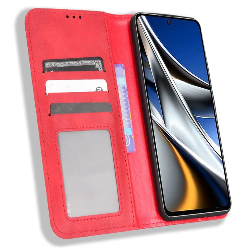For Xiaomi Poco M4 Pro 4G Strong Magnetic Suction Retro Leather Wallet Case Mosaic Imprinted Stand Shockproof Phone Cover - Red