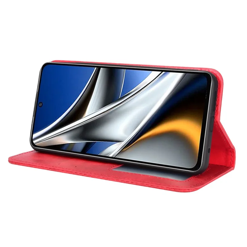 For Xiaomi Poco M4 Pro 4G Strong Magnetic Suction Retro Leather Wallet Case Mosaic Imprinted Stand Shockproof Phone Cover - Red