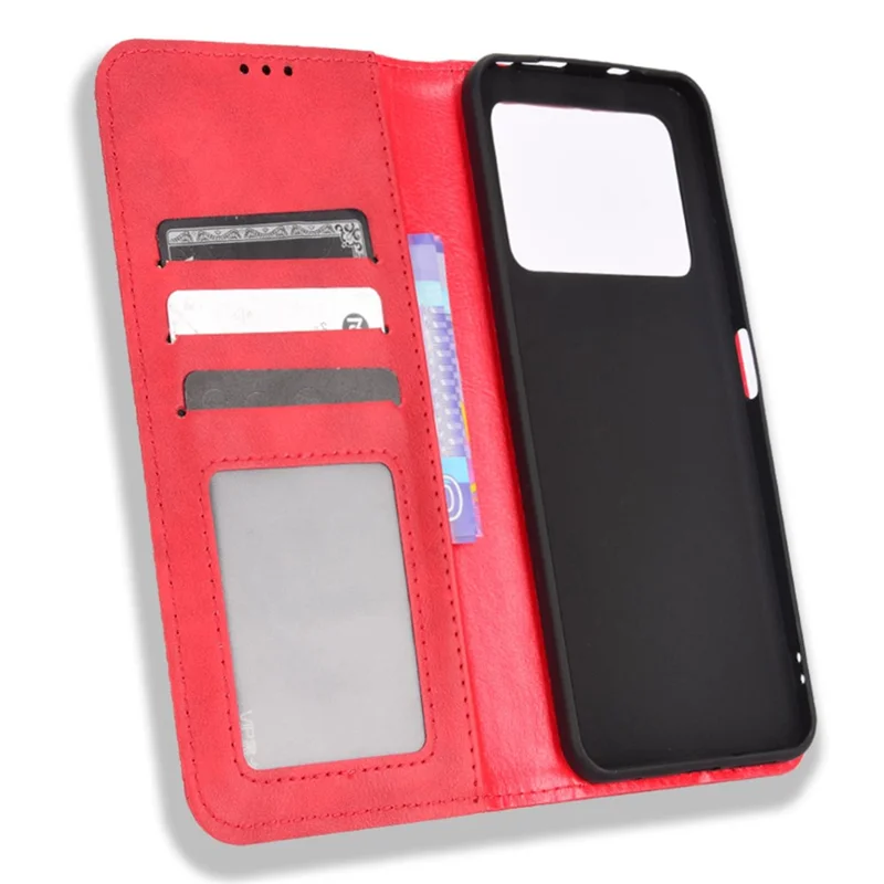 For Xiaomi Poco M4 Pro 4G Strong Magnetic Suction Retro Leather Wallet Case Mosaic Imprinted Stand Shockproof Phone Cover - Red