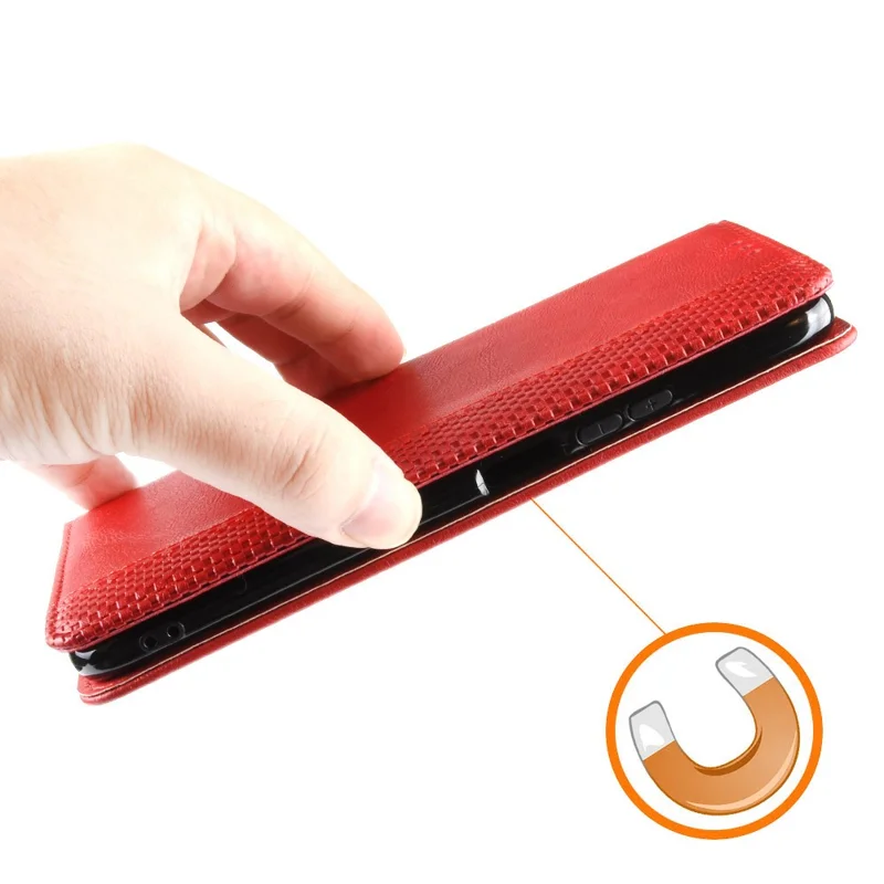 For Xiaomi Poco M4 Pro 4G Strong Magnetic Suction Retro Leather Wallet Case Mosaic Imprinted Stand Shockproof Phone Cover - Red