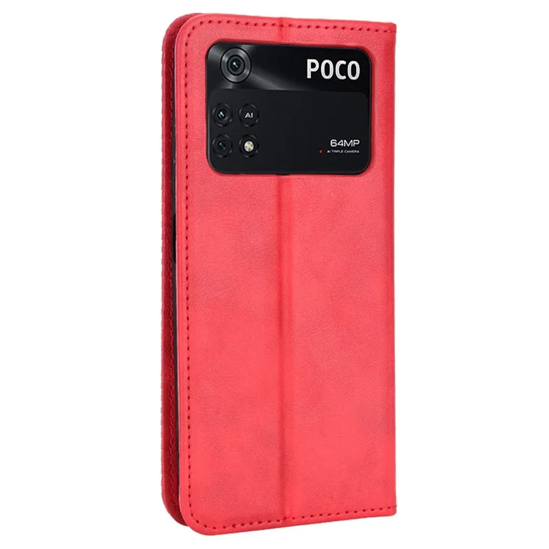 For Xiaomi Poco M4 Pro 4G Strong Magnetic Suction Retro Leather Wallet Case Mosaic Imprinted Stand Shockproof Phone Cover - Red