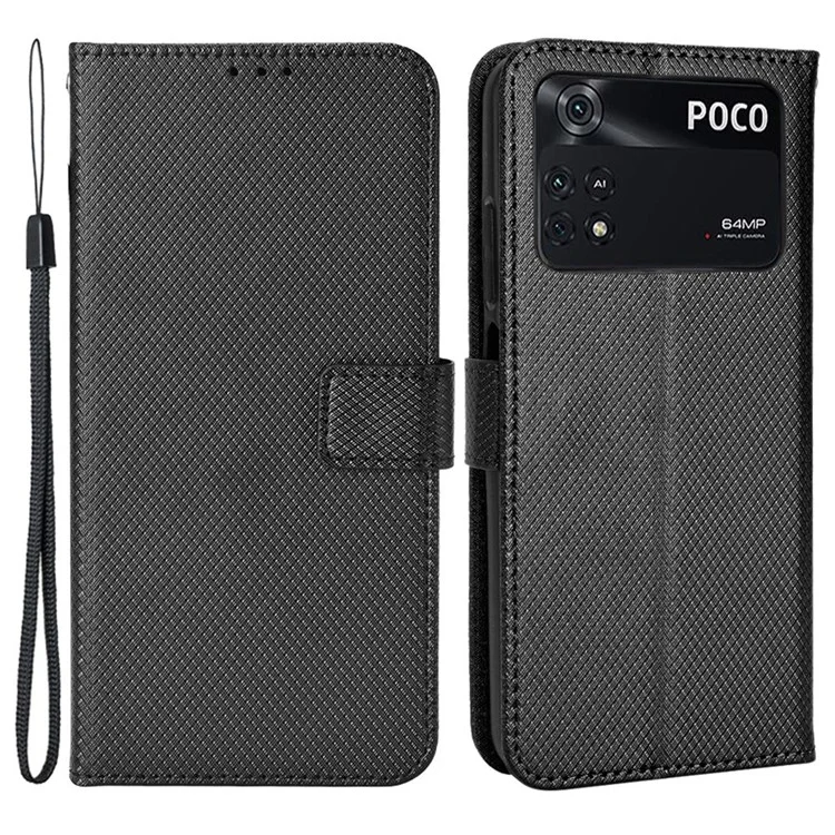 Para Xiaomi Poco M4 Pro 4G Wallet Case de Teléfono PU Cuero Magnético Cierre de Diamante Soporte Flip Cubierta Con Correa - Negro