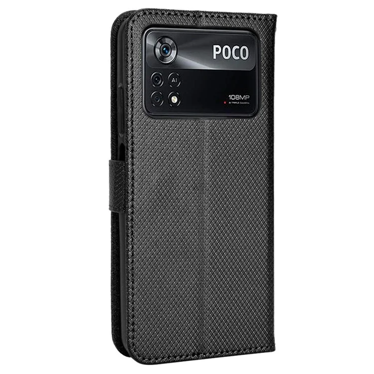 Para Xiaomi Poco M4 Pro 4G Wallet Case de Teléfono PU Cuero Magnético Cierre de Diamante Soporte Flip Cubierta Con Correa - Negro
