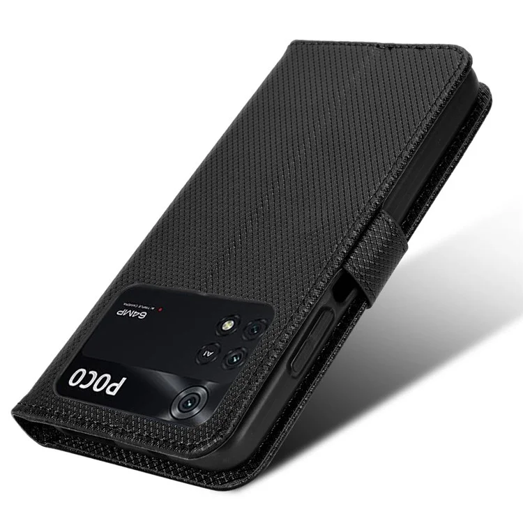 Para Xiaomi Poco M4 Pro 4G Wallet Case de Teléfono PU Cuero Magnético Cierre de Diamante Soporte Flip Cubierta Con Correa - Negro