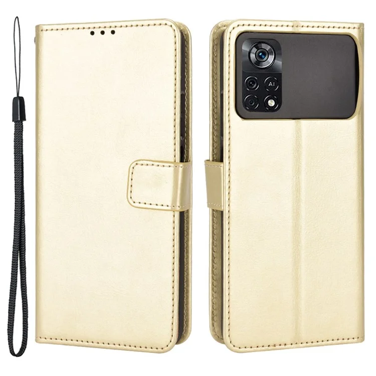 Per Xiaomi Poco M4 Pro 4G Flip Wallet Flip Shell Crazy Horse Texture Stand Function TPU Custodia Interna Con Cinturino - Oro