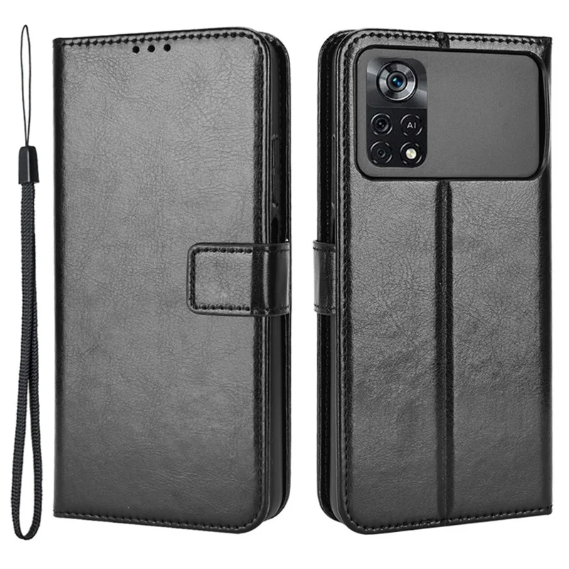 Per Xiaomi Poco M4 Pro 4G Custodia Portafoglio in Pelle Flip Guscio Texture Crazy Horse Funzione Supporto Interno Morbido TPU con Cinturino - Nero