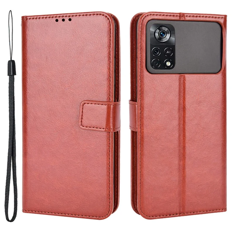 Per Xiaomi Poco M4 Pro 4G Flip Wallet Flip Shell Crazy Horse Texture Stand Function TPU Custodia Interna Con Cinturino - Marrone