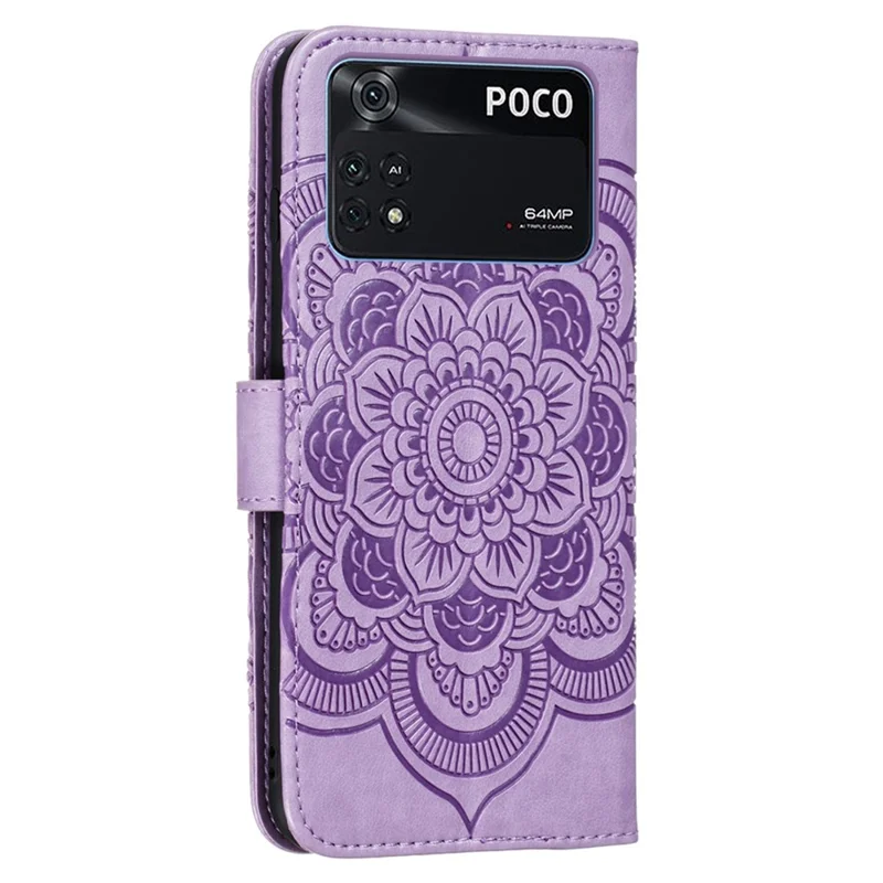 Für Xiaomi Poco M4 Pro Spruding Mandala Blume Flip PU Leder -telefon Hülle Ständer Magnetische Schließung Schutz Telefonabdeckung Mit Riemen - Violett