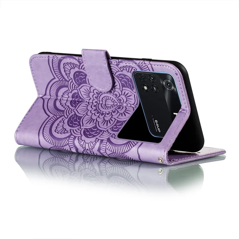 Für Xiaomi Poco M4 Pro Spruding Mandala Blume Flip PU Leder -telefon Hülle Ständer Magnetische Schließung Schutz Telefonabdeckung Mit Riemen - Violett