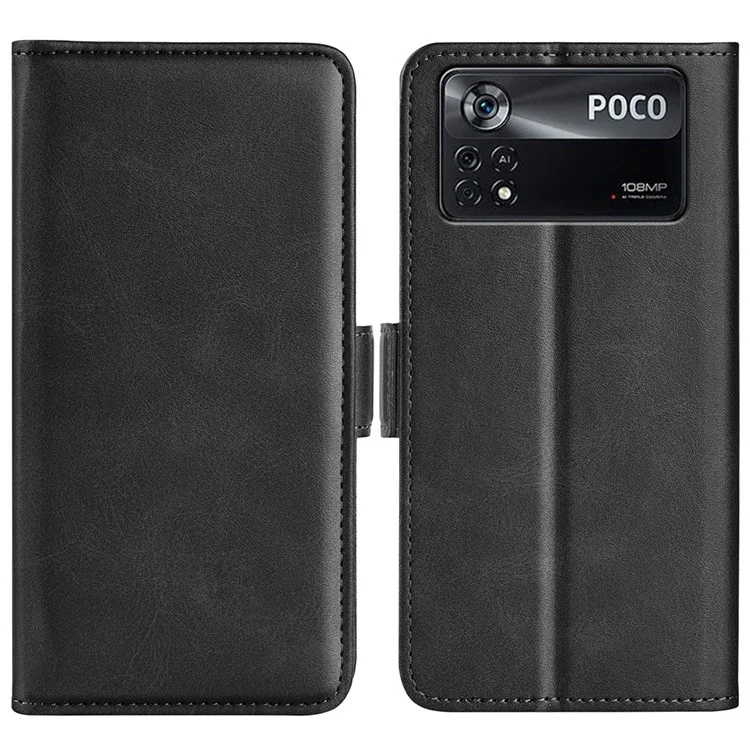 Folio Flip Dual-Clasp PU Leather Phone Shell for Xiaomi Poco X4 Pro 5G, Foldable Adjustable Stand Case Phone Wallet Accessory - Black