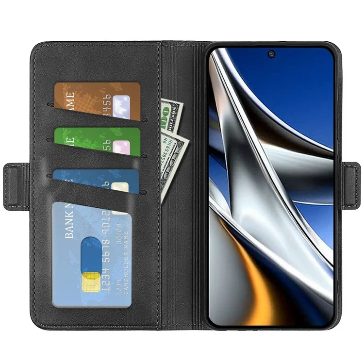 Folio Flip Dual-Clasp PU Leather Phone Shell for Xiaomi Poco X4 Pro 5G, Foldable Adjustable Stand Case Phone Wallet Accessory - Black
